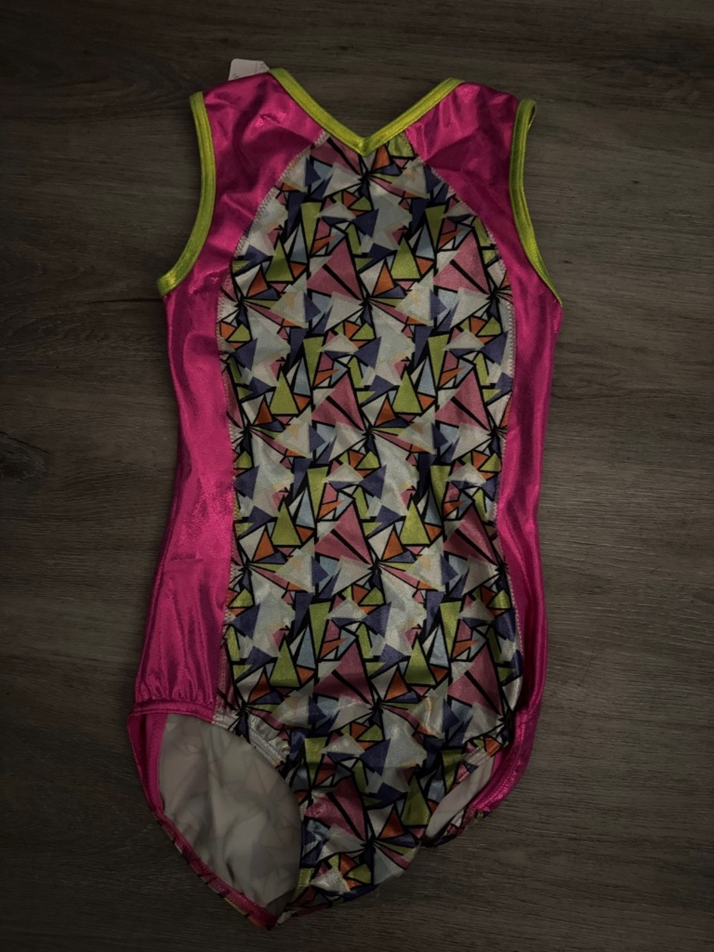 Bright Pink foil Geometric Gymnastics Leotard with Lime Trim